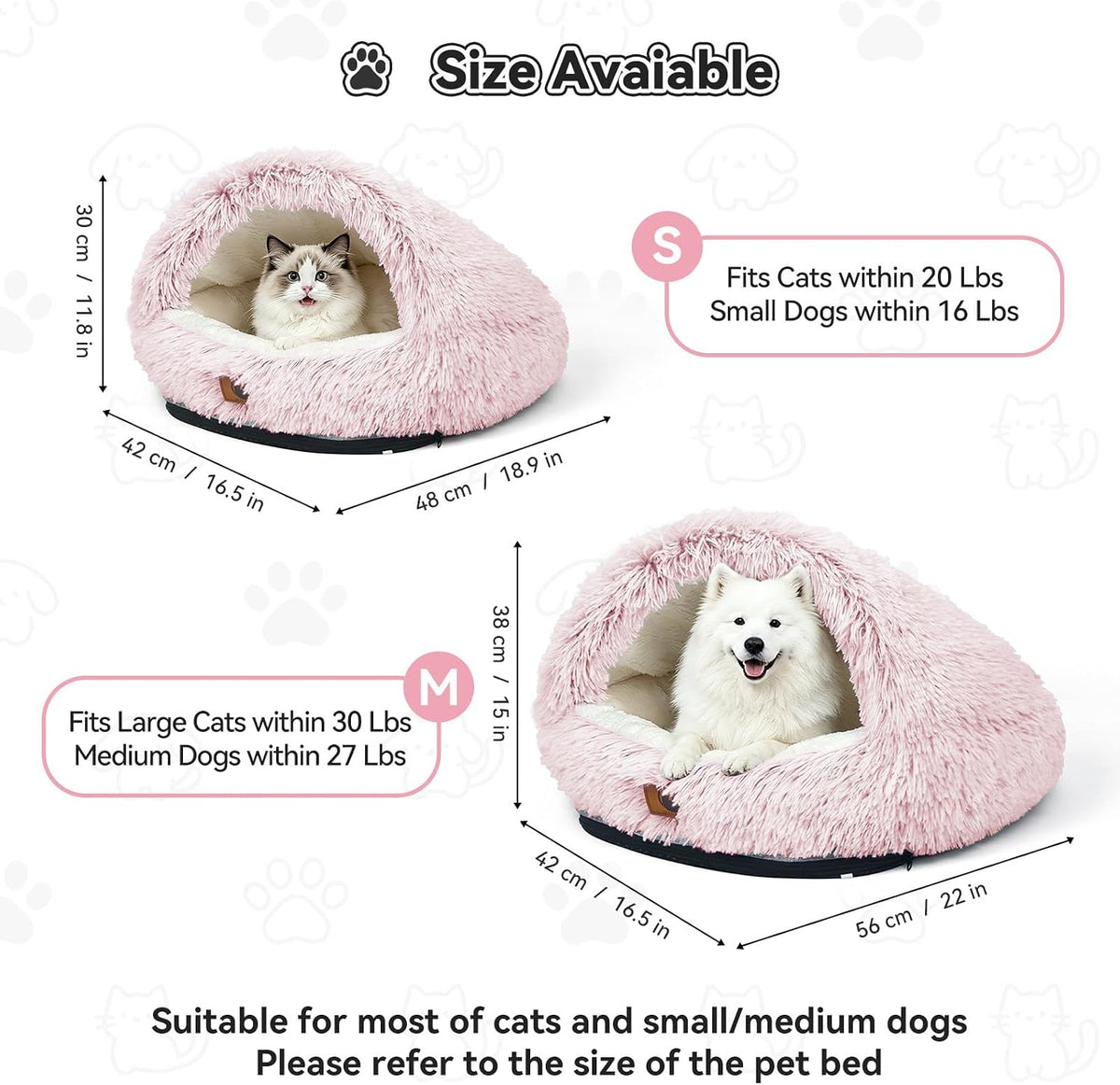 Round Covered Cat Bed Cave Dog Bed for Small Medium Pets,Pink,S