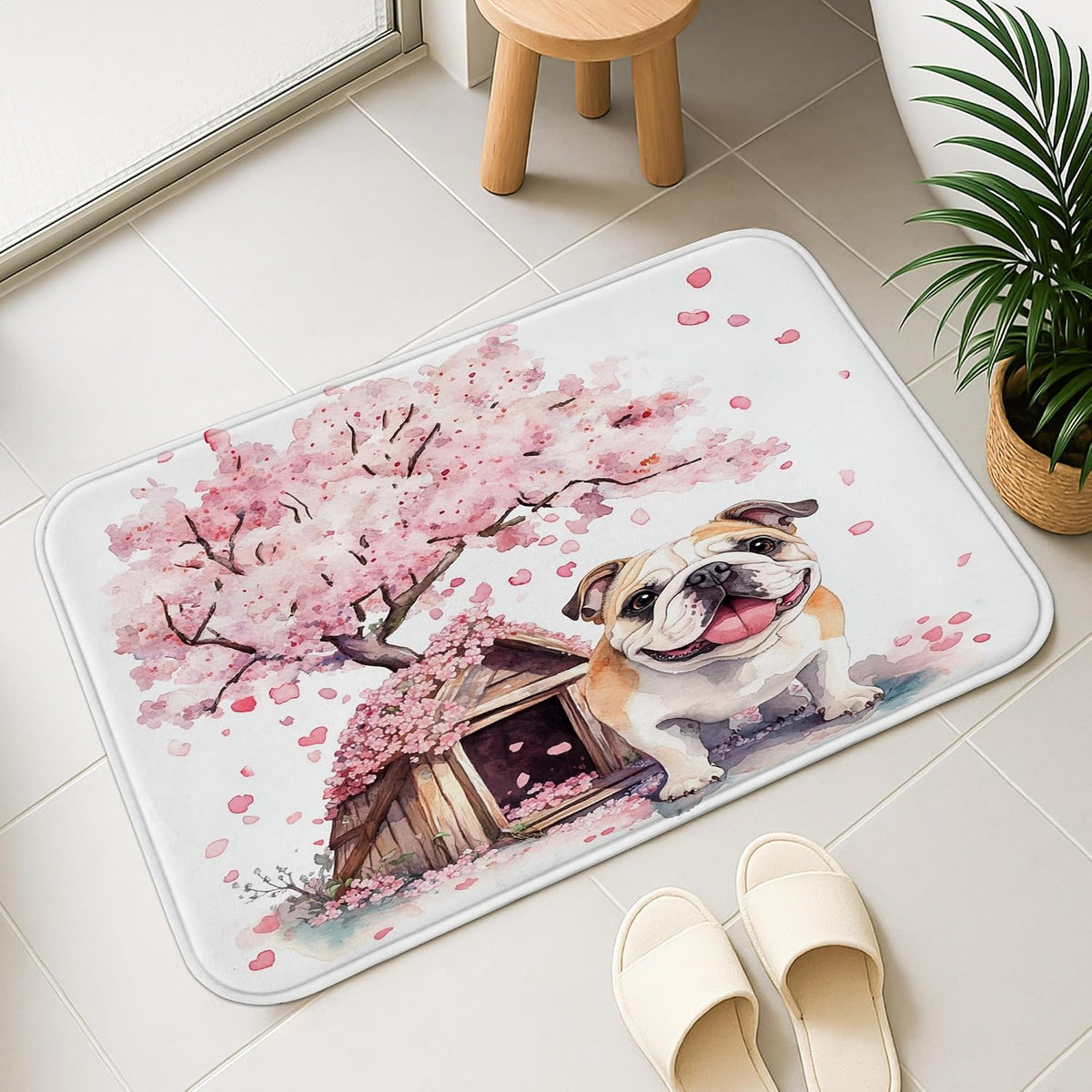 Fanciful Floral Quick Dry Bath Mat, Peach Dog and Cherries Blossom Absorbent Non Slip Shower Mat, Spring Decorative Washable Bath Rugs for Bathroom Toilet Restroom 20x32 Inch