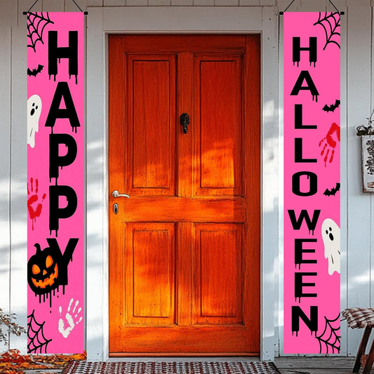 Door Banner 12x71 Inch Holiday Welcome Sign for Front Porch Entryway Indoor Outdoor Home Decoration Polyester Style Porch Banner (Pink Halloween#1)