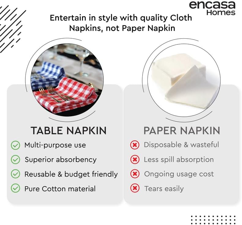 Encasa XO Cotton Cloth Napkins Set of 12, 17"x17" | Washable & Reusable Dinner Napkins Buffalo Beige Checks Table Napkins for Farmhouse, Wedding, Holiday, Party & Everyday Dining