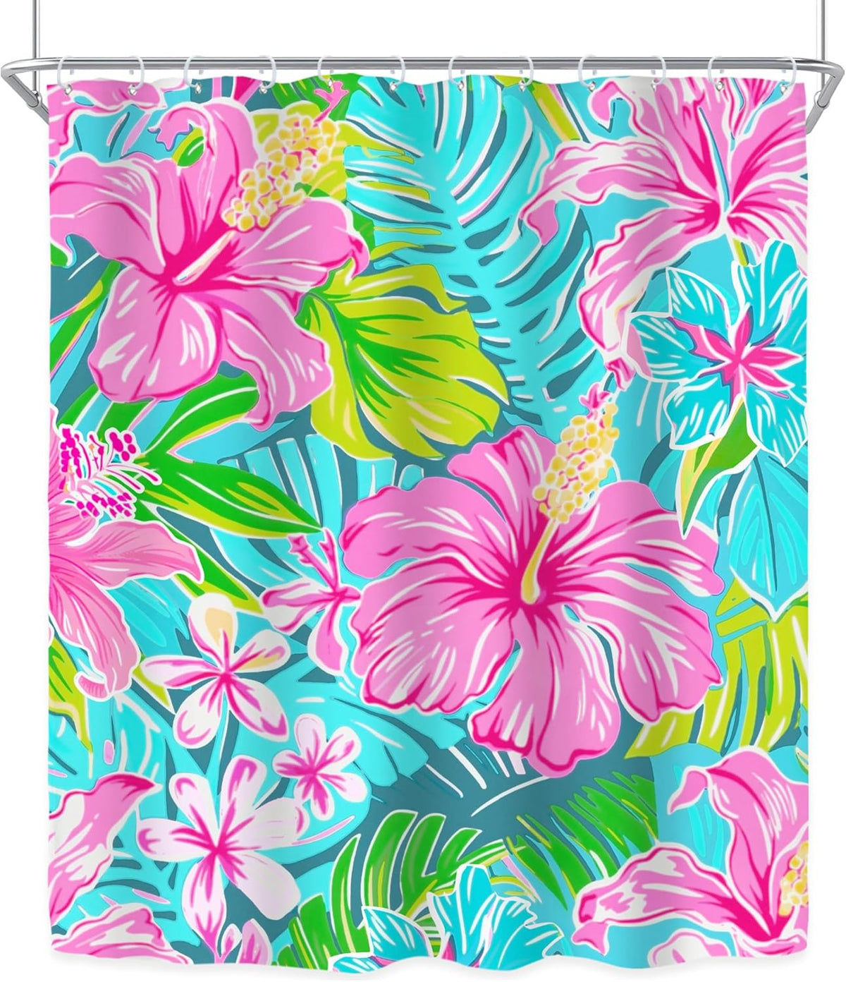 Tropical Hot Pink Floral Flowers Green Leaves Bathroom Shower Curtain Set