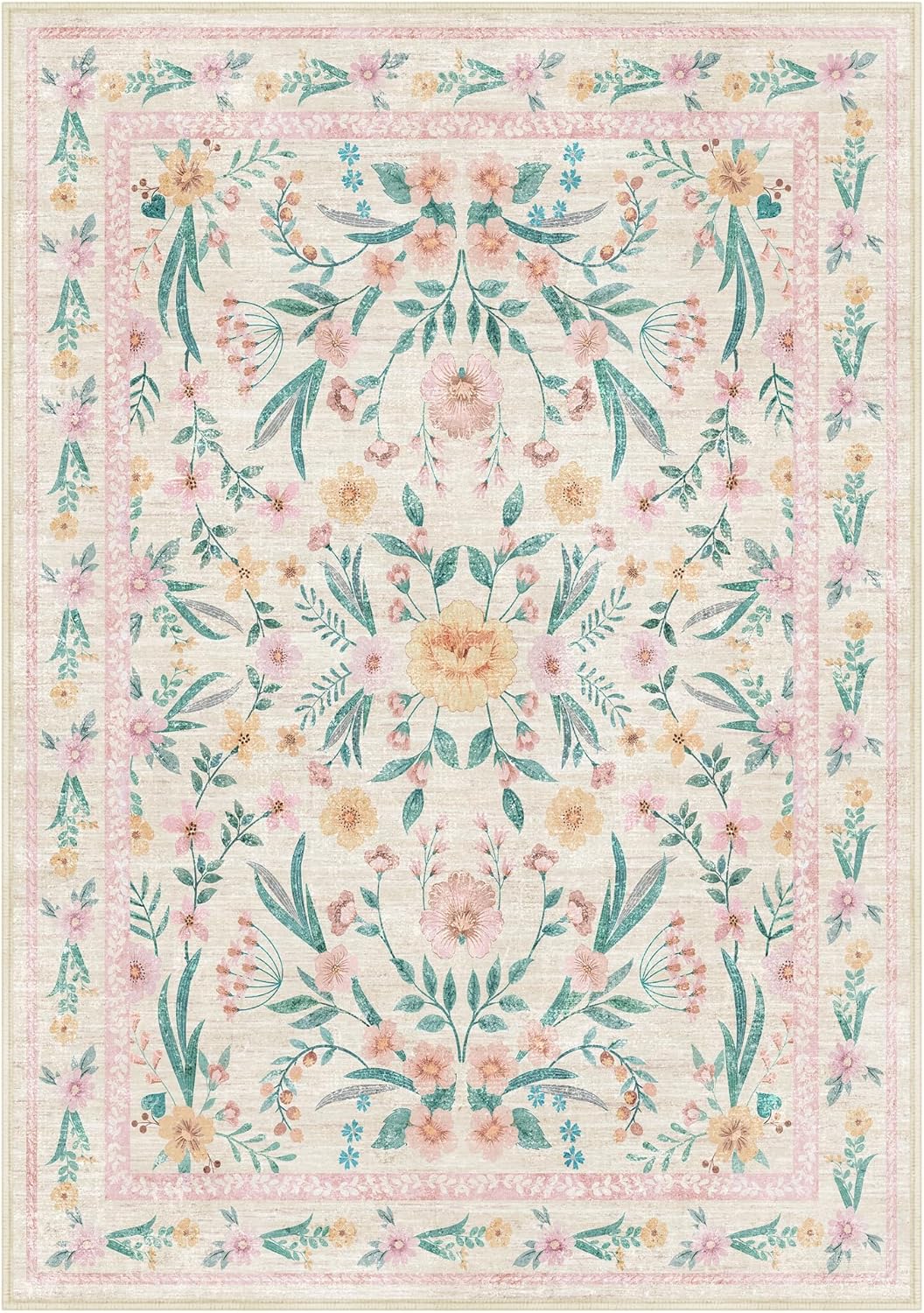 5x7 Pink Floral Nursery Rug,Pink Rugs for Bedroom Girls,Machine Washable Non Slip Soft Faux Wool Carpet,Cute Boho Indoor Area Rugs for Kids Room or Playroom