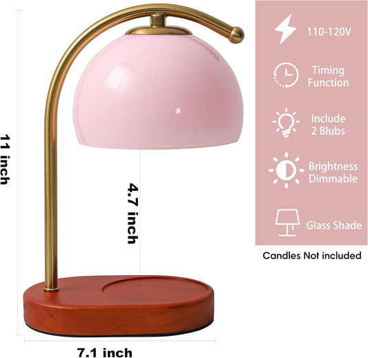Mid Century Pink Glass Candle Warmer Lamp with Timer & Dimmer, Mothers Day Birthday Gifts for Women Mom, House Warming Gifts New Home, Wax Warmer Lamp for Bedroom Decor with 2 Bulbs