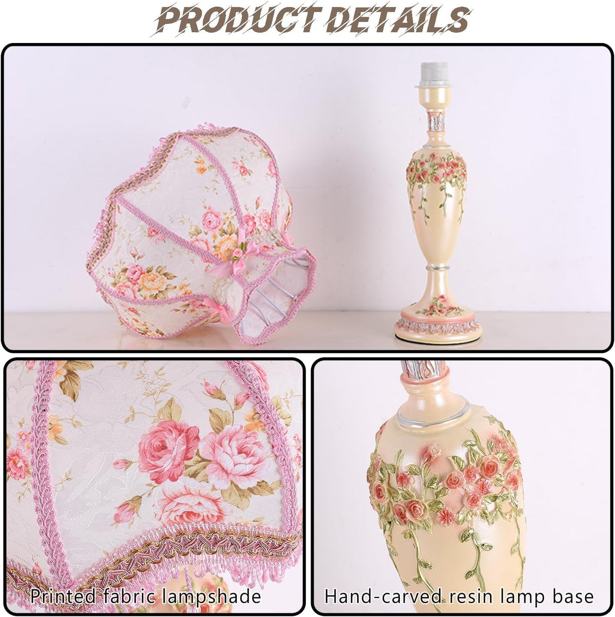 Victorian Beaded Fringe Fancy Table Lamp, Pink Hand-Carved Floral Resin Bedside Lamps Euro-Style Princess Nightstand Desk Lamp for Girl's Room Bedroom Living Room Office