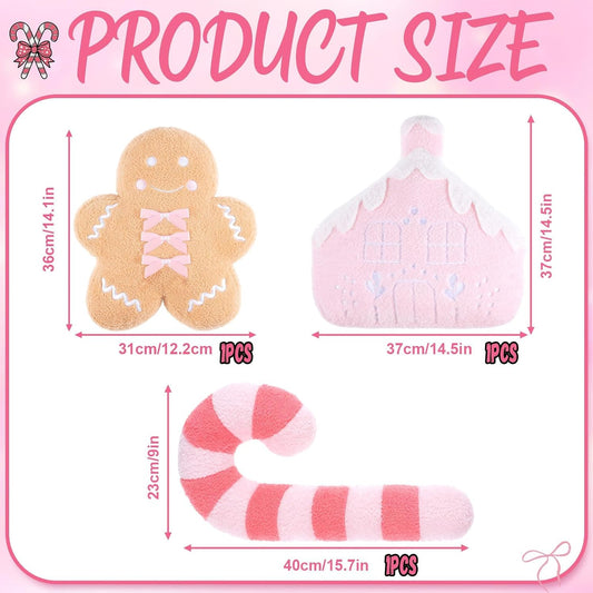 3 Pcs Christmas Pillows Gingerbread Man Pink Candy Cane Gingerbread House Shaped Throw Pillows Decorations Couch Sofa Decor Plush Stuffed for Home Indoor Bedroom Cushion Decor (Pink)