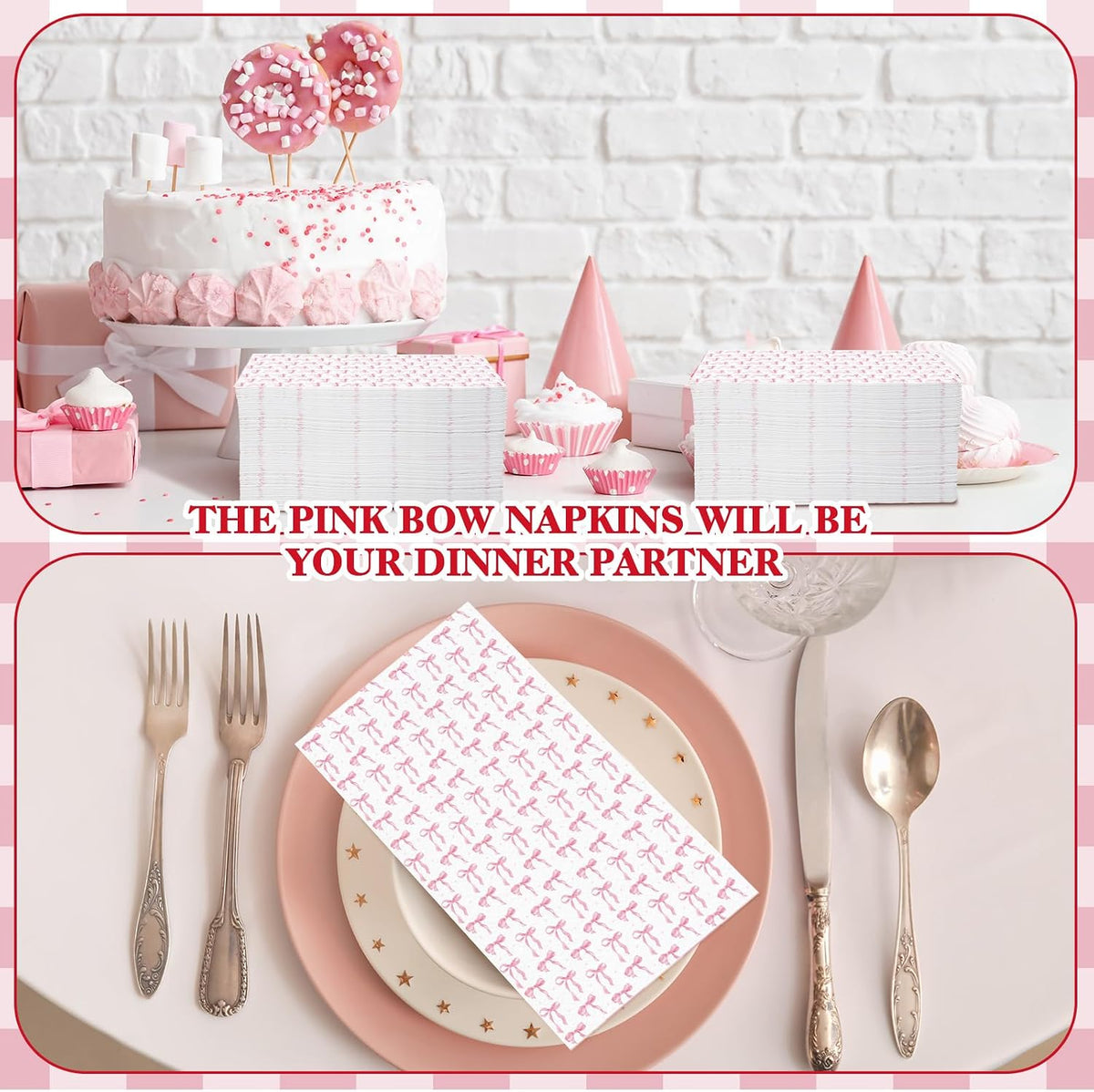 100 Pack Pink Coquette Bow Napkins Disposable Folded Paper Towel Bow Party Supplies for Birthday Bridal Shower Bachelorette Bathroom wedding Engagement Decoration