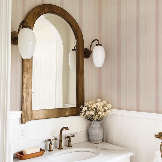 Pink and Beige Striped Peel and Stick Wallpaper, Cottage Farmhouse Style Self-Adhesive for Bathroom, Laundry Room, Girls Room and Bedroom, Made from Fabric Material Works on Textured Walls