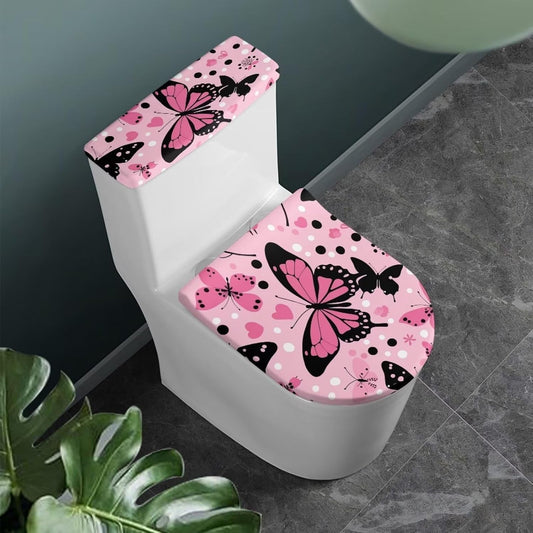 Pink Butterfly Toilet Lid Cover and Toilet Tank Cover Soft Plush Seat Covers Tank Lip Covers Fits Most Toilet Tanks & Lids Bathroom Decoration Accessories