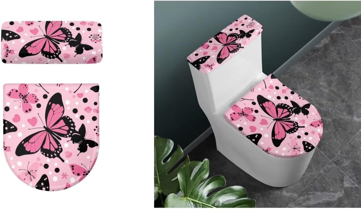 Pink Butterfly Toilet Lid Cover and Toilet Tank Cover Soft Plush Seat Covers Tank Lip Covers Fits Most Toilet Tanks & Lids Bathroom Decoration Accessories
