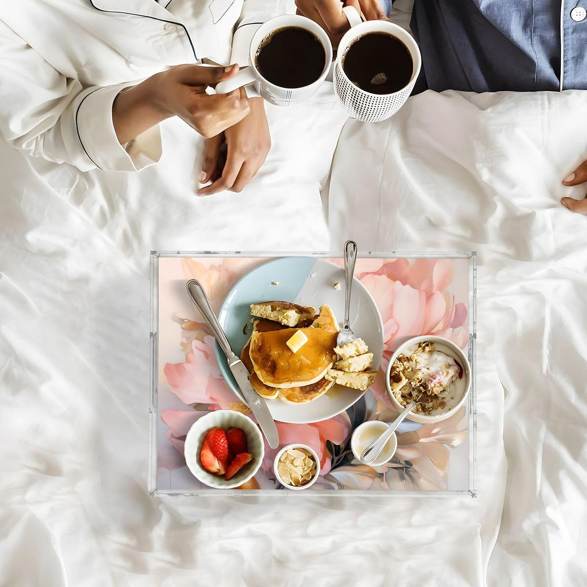 Plastic Food Serving Tray Decorative Vanity Trays for Bathroom Pink Peony Coffee Table Kitchen Counter 11.8 * 15.7in