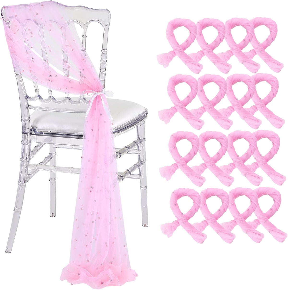 Pink Pearls Chair Sashes Wedding Decorations: 16 Packs Tulle Draping Fabric Sheer Church Chair Cover Bulk for Birthday Party Banquet