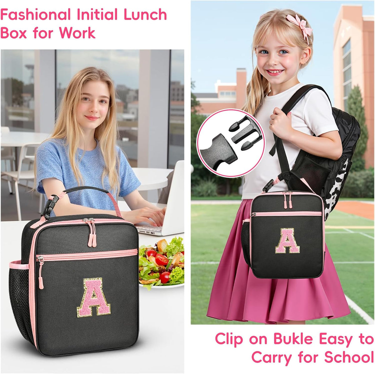 Initial Lunch Box for Women Girls,Insulated Lunch Bag with Monogram Letter,Cute Personalized Thermal Lunch Box for Teens Kids Adult for Work Camping Back to School Gift(Pink A)