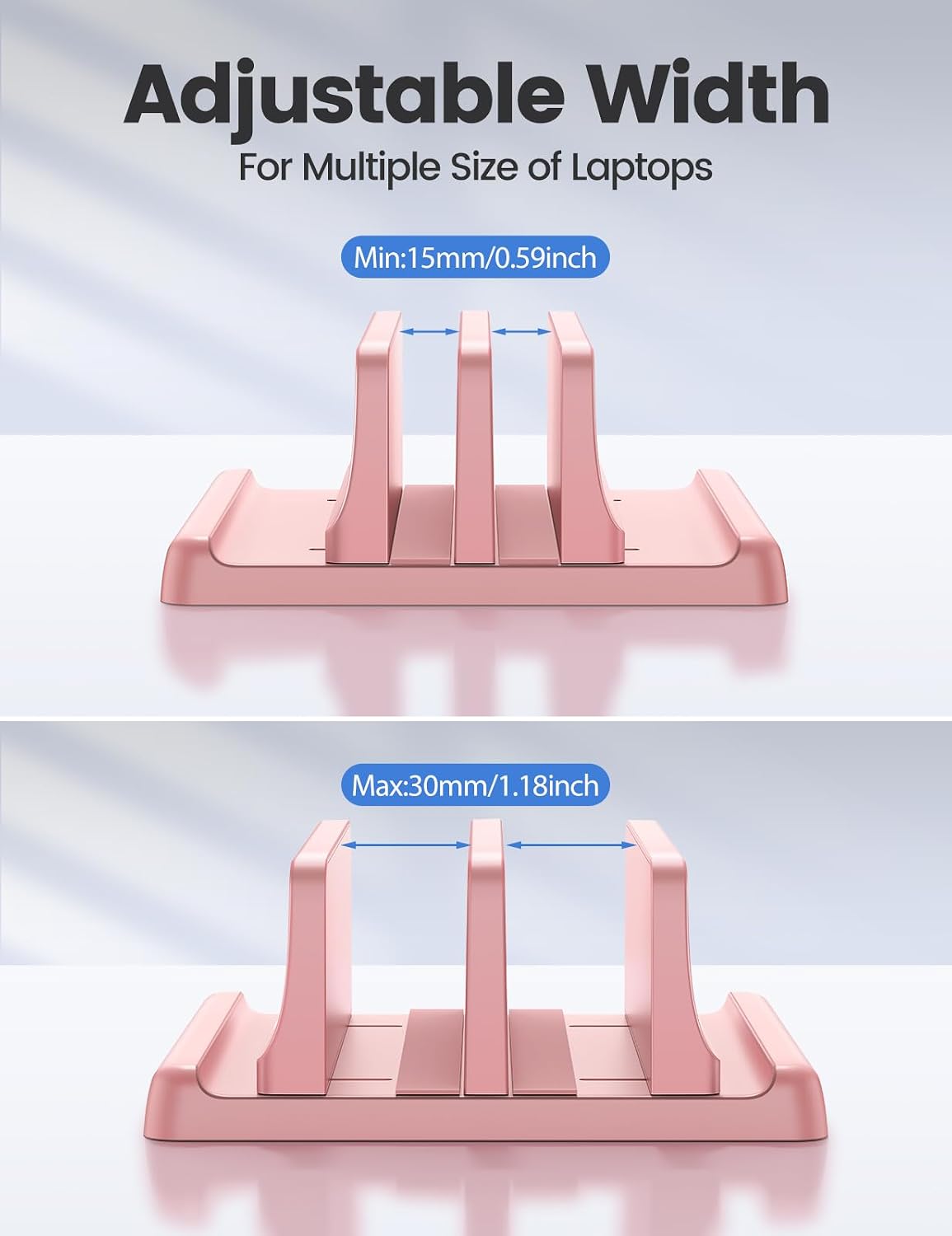 Vertical Laptop Stand for Desk, Dual Slots Plastic Laptop Holder with Space Saving 4-in-1 Design, Adjustable Laptop Stand Supports MacBook, Chromebook, Surface, Dell (Pink)