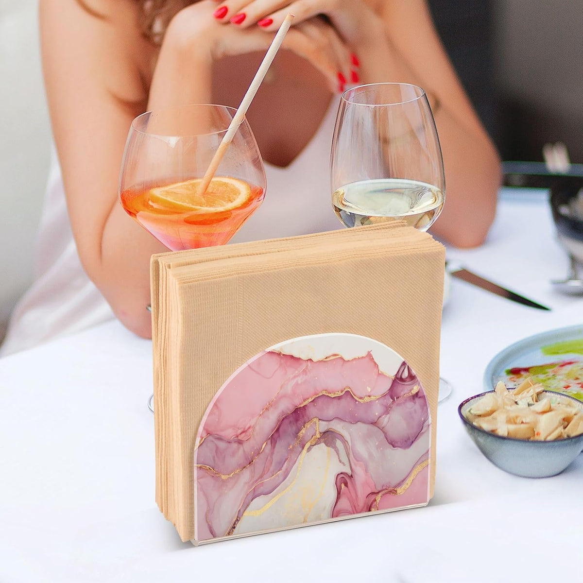 Napkin Holder for Table Marble Abstract Pink Gold Paper Napkin Holders for Kitchen Dinner Table Cocktail Napkins Dispenser