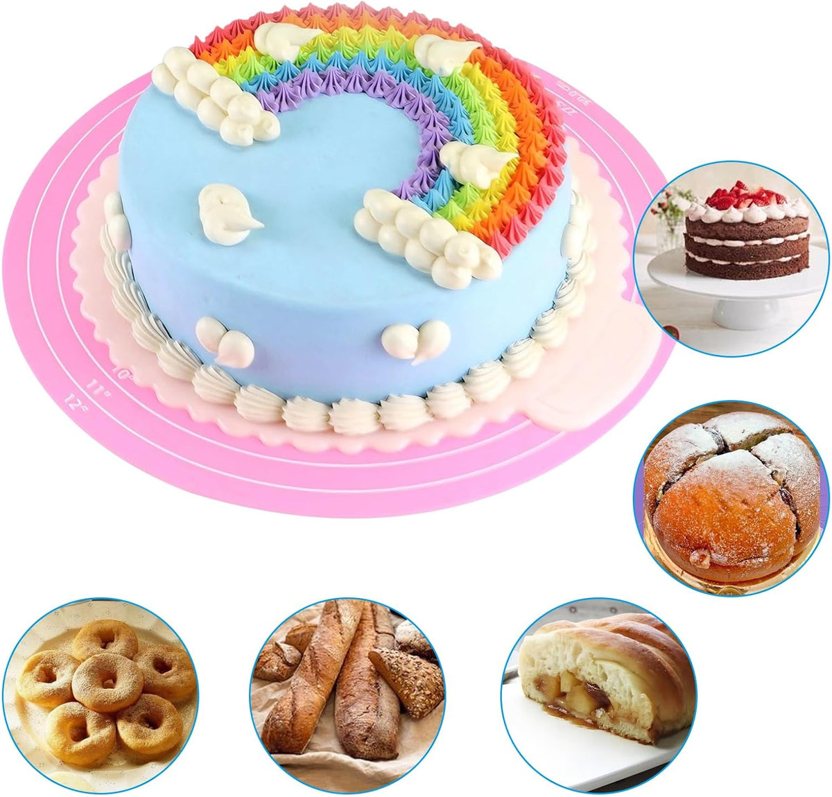 12 Inch Round Silicone Cake Mat with Measurements, Pink