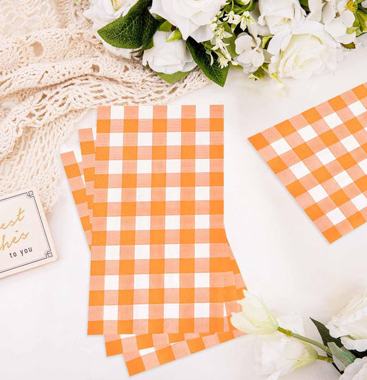 HEIPINIUYE 50 Pieces 3-ply Orange Gingham Napkins Disposable Guest Towels Disposable Hand Towels Fall Paper Napkin for Thanksgiving Birthday Party Bathroom Napkins Guest Disposable
