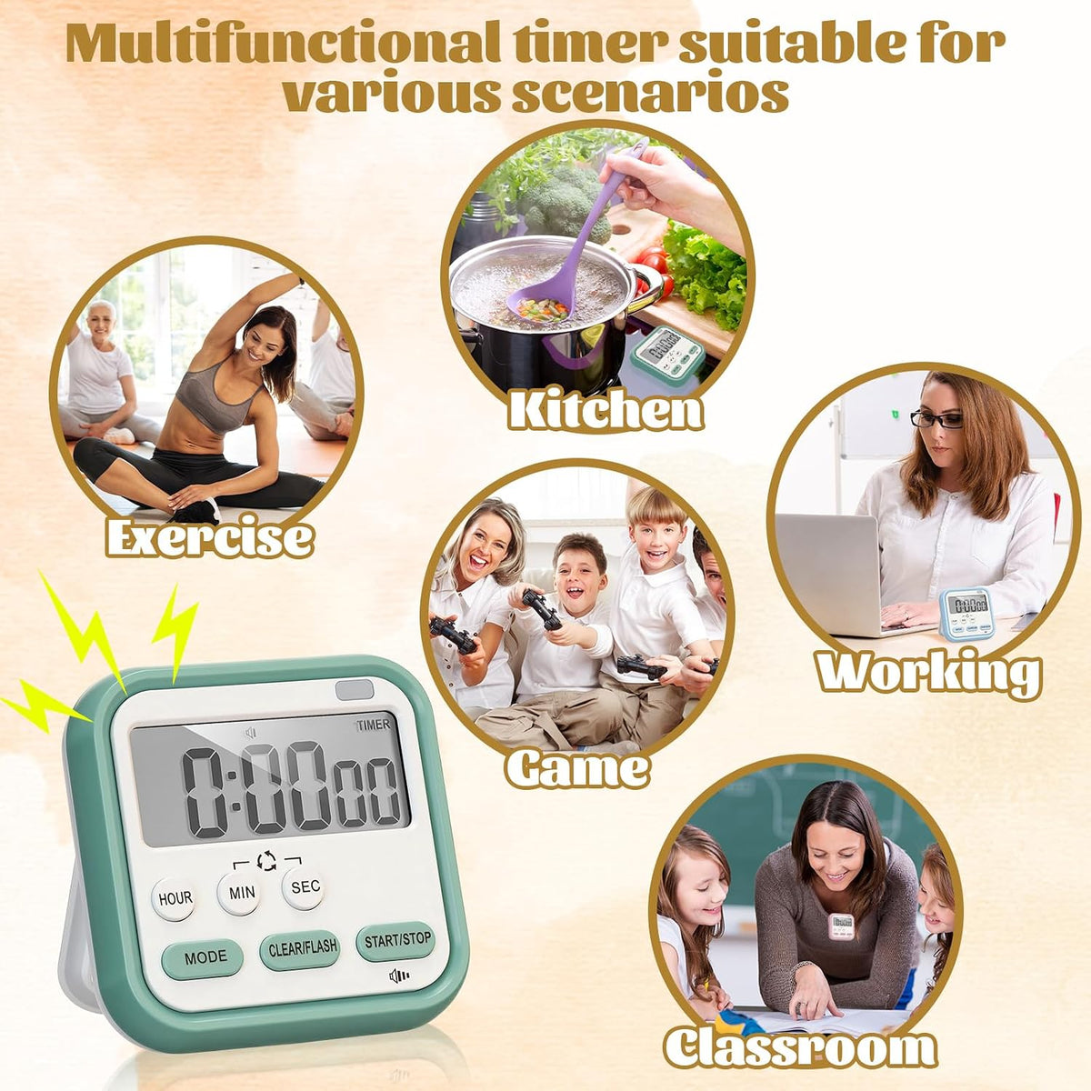 6 Pcs Digital Kitchen Timer 24 Hour Alarm, Classic Color
