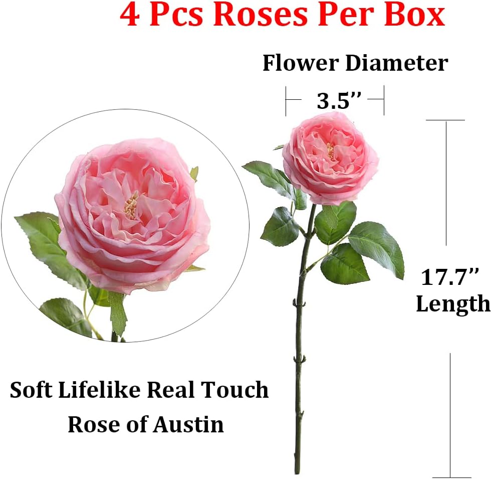 3.5'' Big Bloom Rose Artificial Flowers Pink 4Pcs Real Touch Rose Faux 17.7 Inch Long Stem Austen Roses Peonies Fake Flowers for Home Kitchen Party Christmas Flower Wedding Decor
