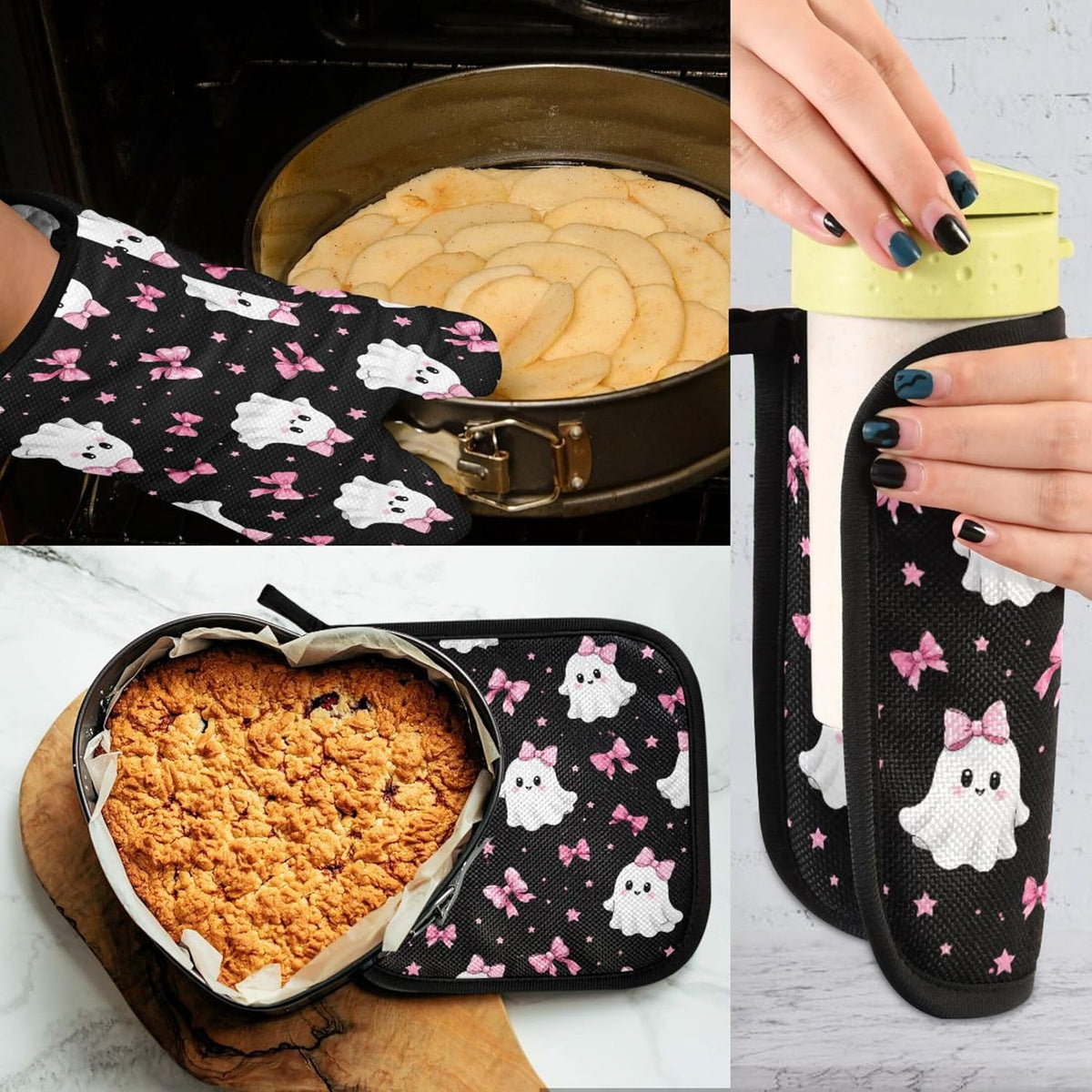 Ghosts in Pink Bows Oven Mitt and Pot Holder Set, Heat Resistant Oven Glove with Loop for Kitchen Cooking Baking Grilling