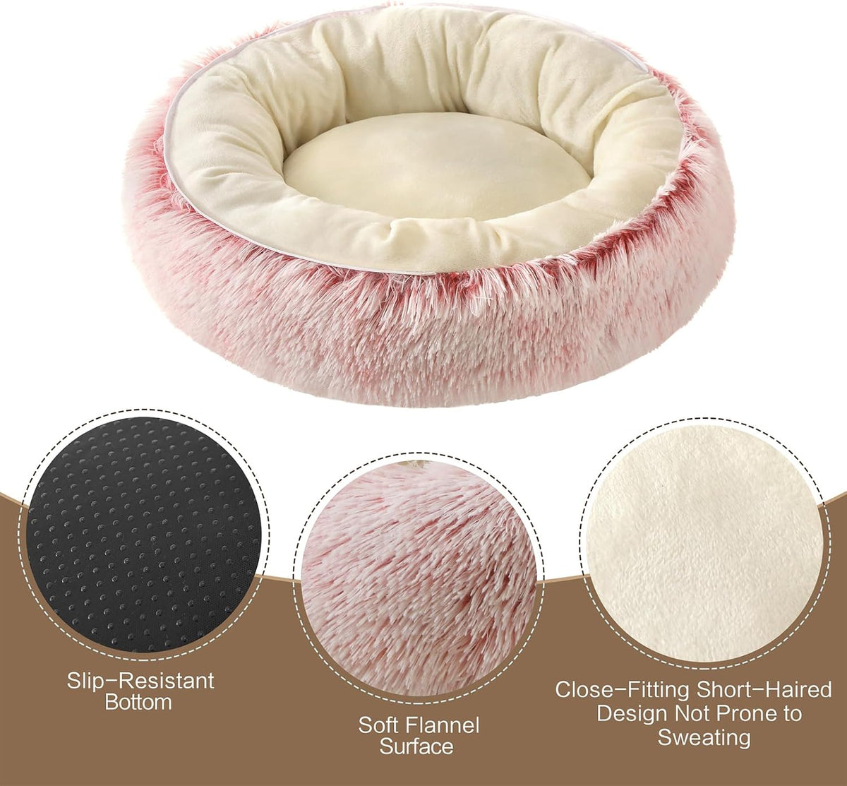Calming Donut Pet Bed, Fluffy Long Fur Outer & Short Fur Inner, Sweat-Free & Cozy, Non-Slip Bottom, for Small Medium Dogs, Cats, Puppies & Kittens (Pink, 19.7 in)