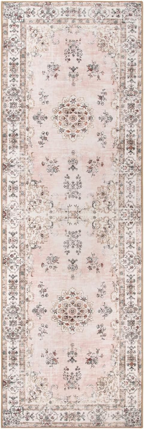 Washable 2x6 Kitchen Runner Rugs, Retro Distressed Pink Floral Print Runner for Hallway Bathroom Entryway, Low Pile Non-Slip Water Repellent Stain Resistant Mat for Floor Protection