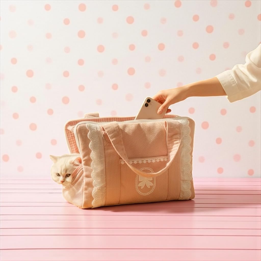 Tristan Home Luxury Pet Carrier Bag with Lace Trim, Soft Fabric Travel Tote for Pets, Salmon Pink, for Small Pets, Kitten, Toy Size Puppy, Rabbit, 14/10.5/7inch (Small)