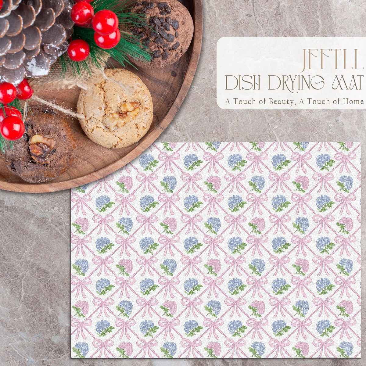 Coquette Pink Bow Hydrangea Dish Drying Mat, Preppy Girly Pink and Blue Hydrangea Flower Absorbent Dish Drainer Reusable Washable Drying Mat Pad for Kitchen Counter, 12×15 Inch