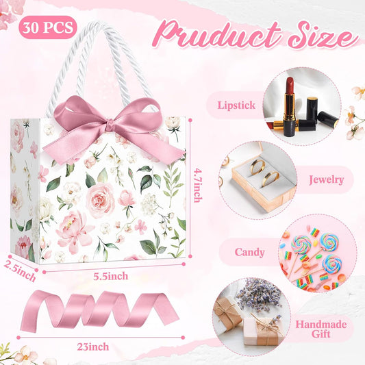 30 Pcs Pink Floral Paper Gift Bags with Ribbon Handles, 5.5 x 4.7 x 2.5 in Medium Decorative Favor Bags for Baby Shower, Bridal Party, Wedding, Birthday, Candy, Snacks and Small Gifts