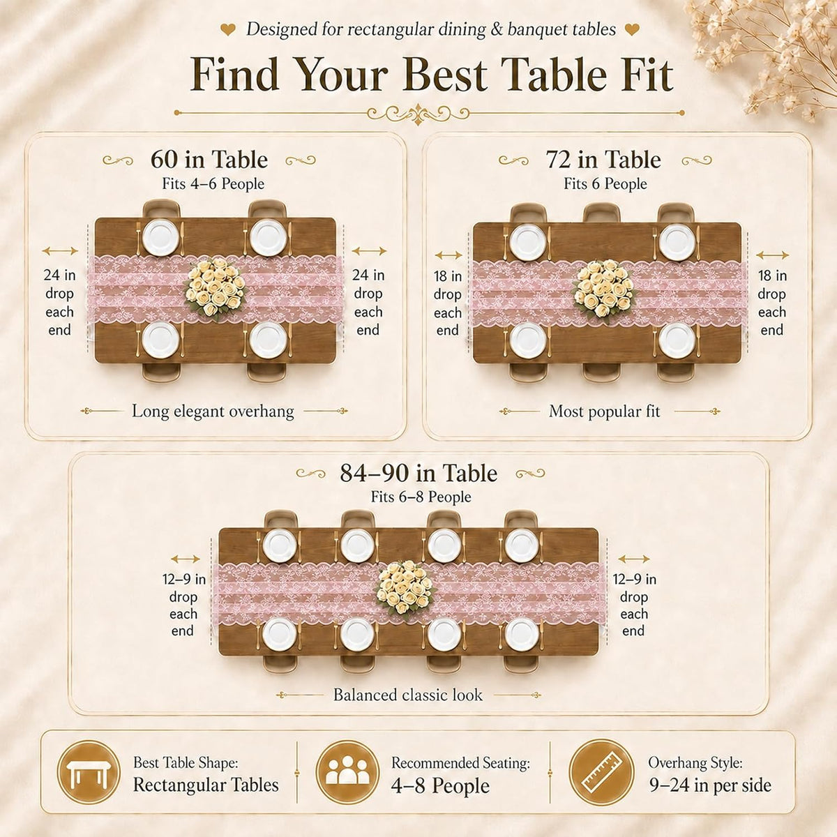 Pink Lace Table Runner with Floral Embroidered (1pcs, 28”x118”)