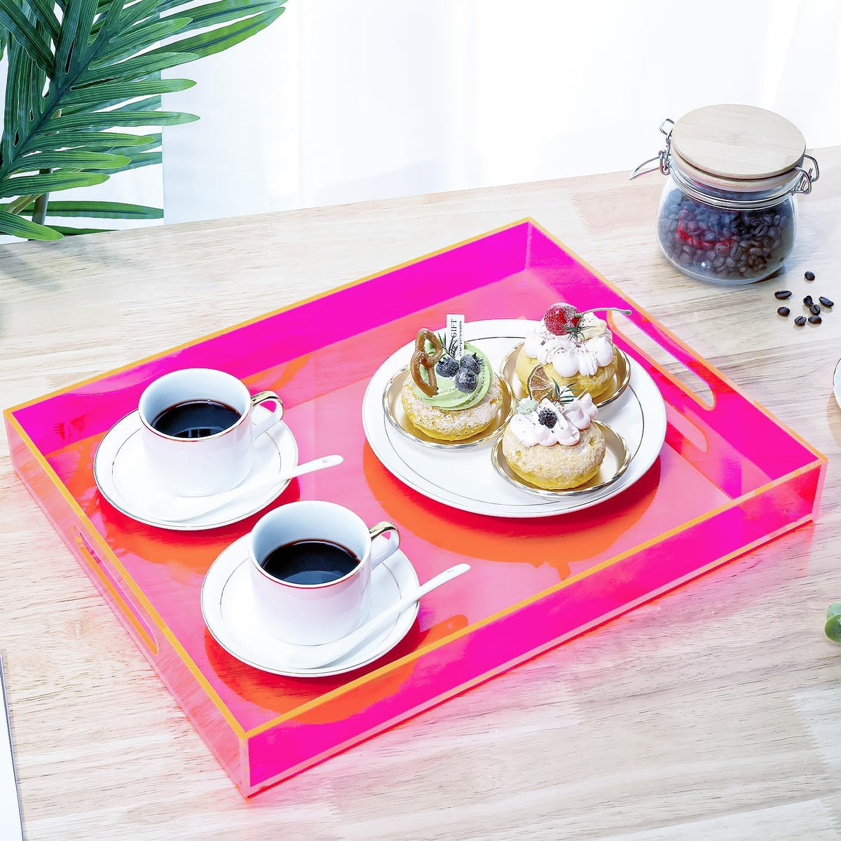 Large Acrylic Tray Ottoman Coffee Table Tray with Handles 17x13'' Decorative Serving Platter for Food Tea Dinner Snack Eating Bar Party, Neon Pink