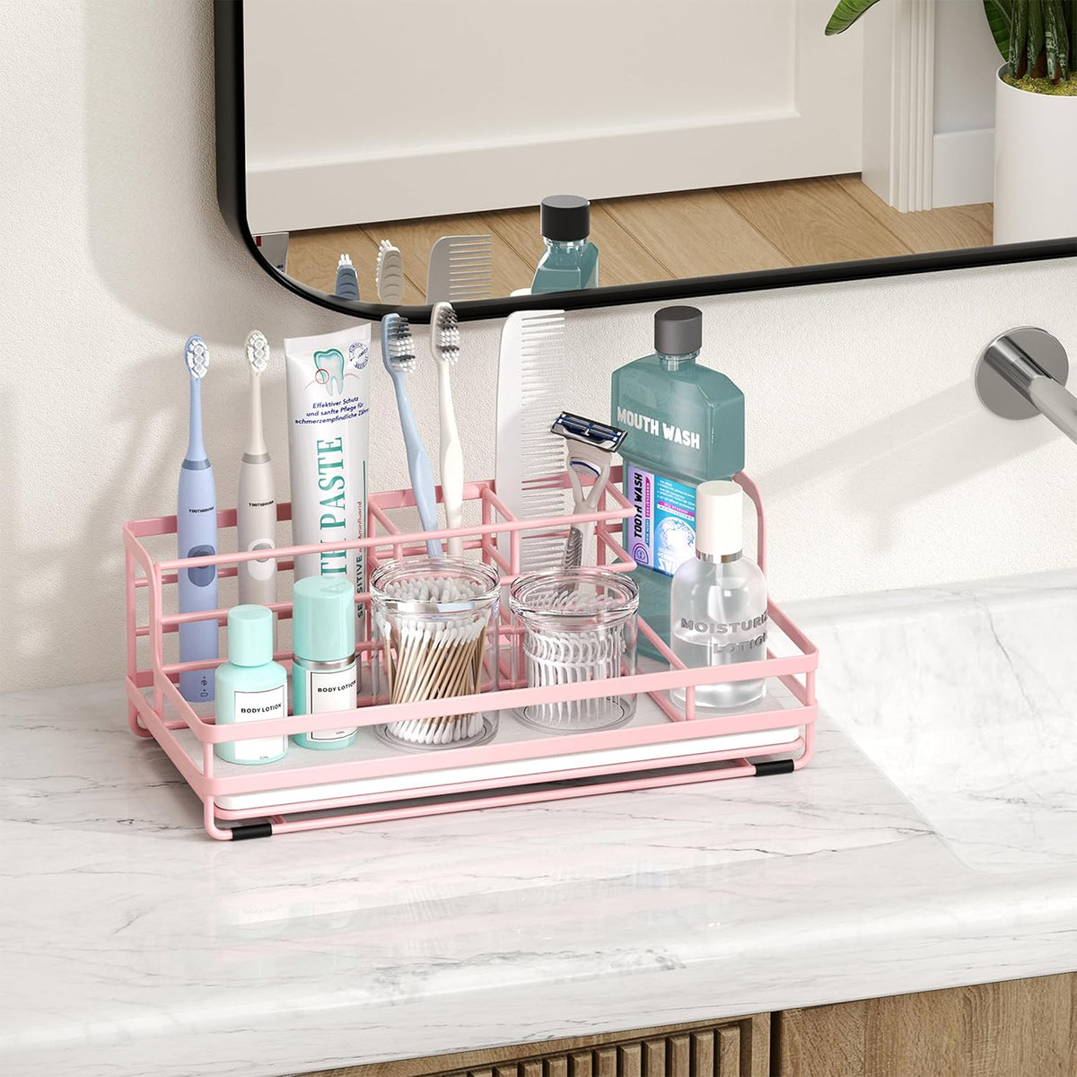 Toothbrush Holders for Bathroom - 5 Partitions Bathroom Counter Organizer with Instant Drying Stone, Stainless Steel Countertop Storage Electric Toothbrush Toothpaste Holder - Pink