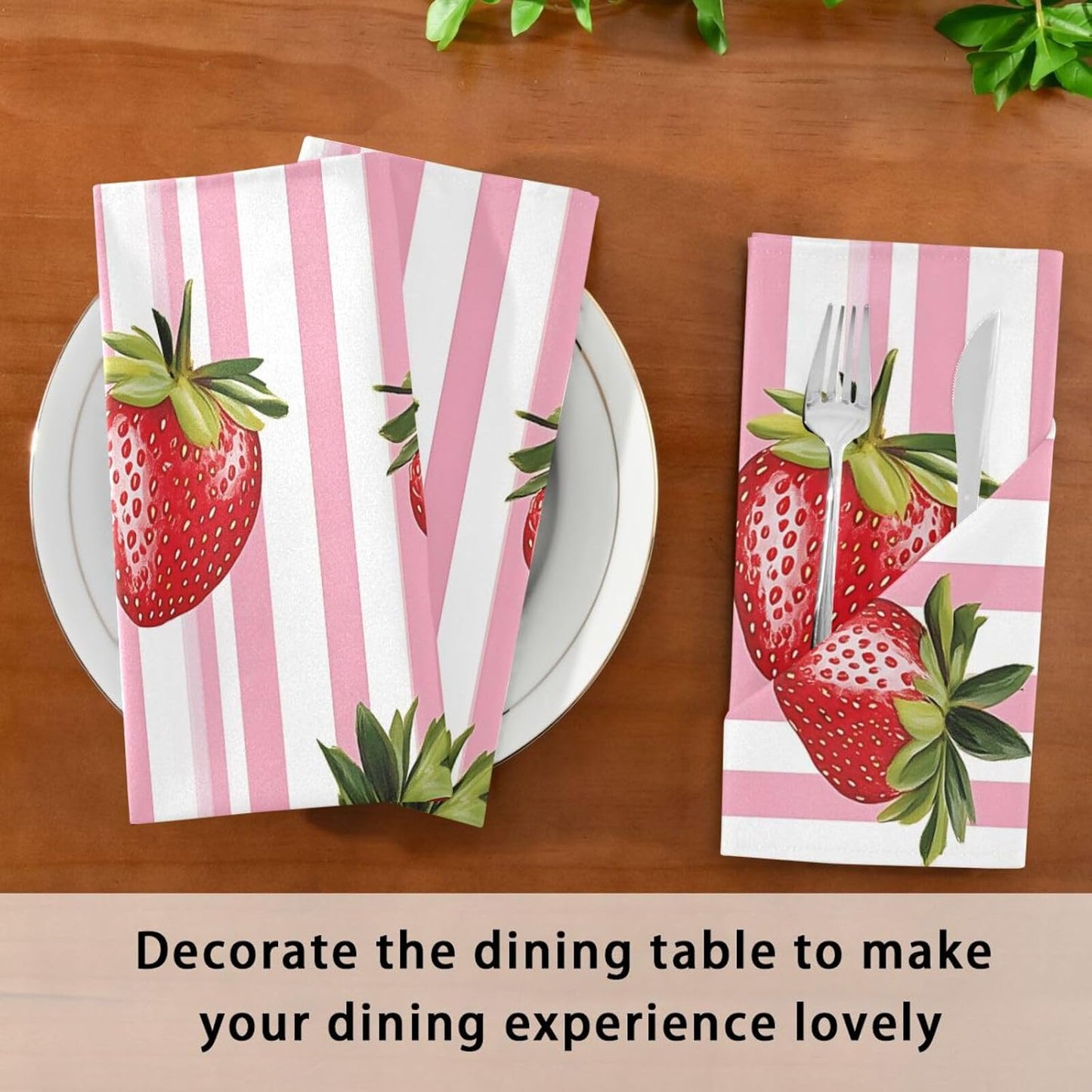 susiyo Strawberry Seamless on Pink Striped Cloth Napkins 4 Pcs 20x20 inch Polyester Cocktail Napkins for Dinner Decorative