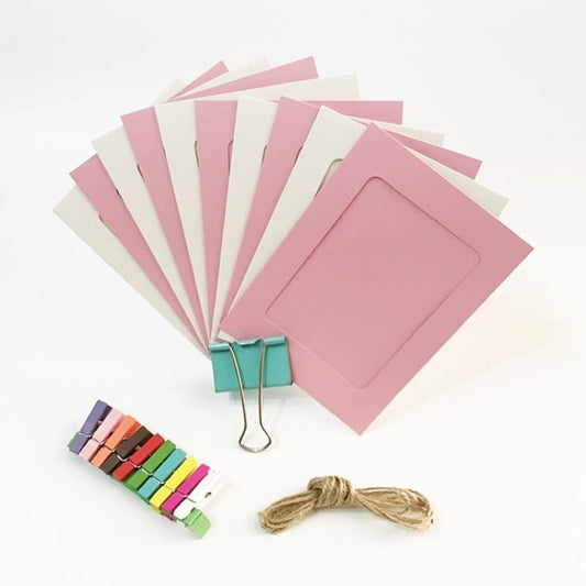 50 Pieces Hanging Picture Frames Kit with Clips and Strings,Paper Picture Frames Bulk,DIY Clip Photo Holders for Home Office Wall Decor Party Supplies (White+Pink, 4x6)