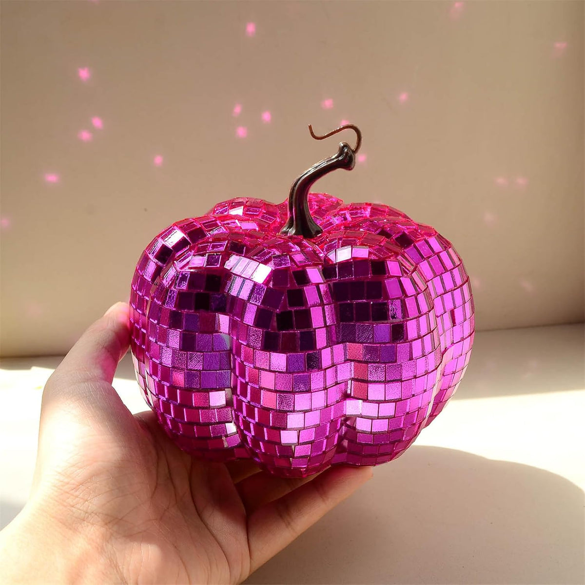 Halloween Pumpkin Disco Ball Sculpture,Tabletop Pink Mirror Ball Ornaments,Autumn Pumpkin Disco Balls,Cool Reflective Light Mirror Balls Decorative for DJ Club Party,Music Festival (Pink,2.36")