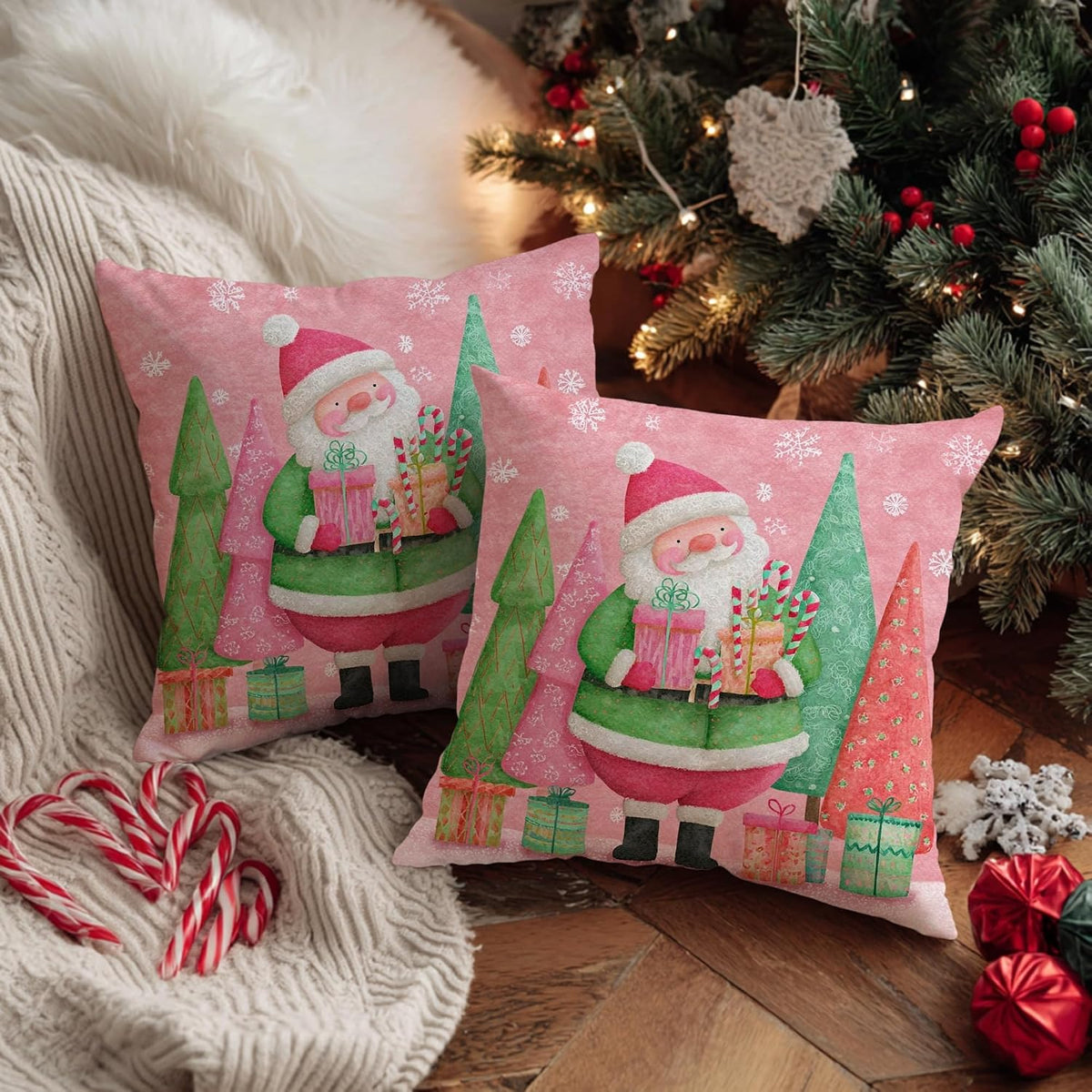 Santa Throw Pillow Covers, Christmas Fanciful Xmas Trees Presents Peach Soft Velvet Washable Accents Pillows Cases for Living Room Bed Office Sofa Chair Decor 12x12 Inch