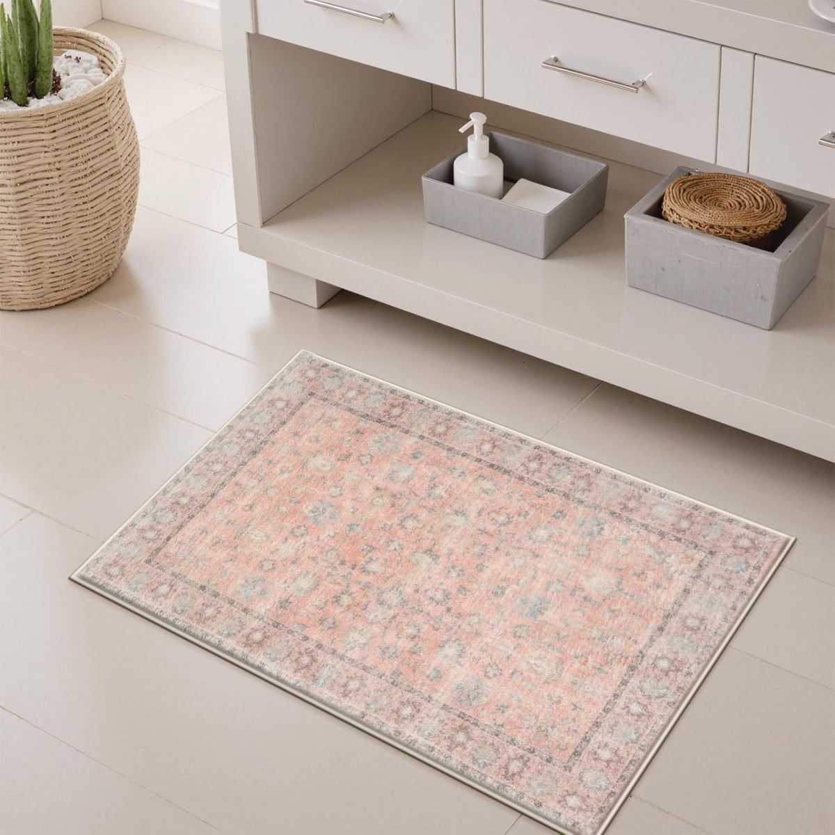 Boho Bathroom Rug Mat 18x26, Extra Soft Non Slip Absorbent Water Bath Rug, Quick Dry Machine Washable Microfiber Shaggy Shower Mat, Bath Mat for Bathroom Floor Bathtub Sink Toilet Vanity, Pink