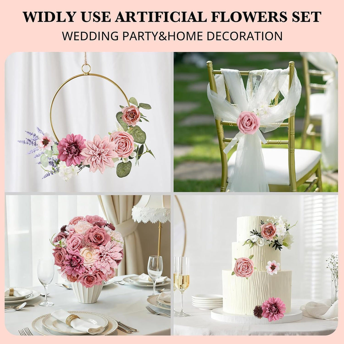 Artificial Flowers Dusty Pink Artificial Flower Combo Box Set Fake Roses Bouquets Bridal Wedding Shower Decorations Fake Floral for Party Centerpieces Floral Arrangements Pink Blush Flowers