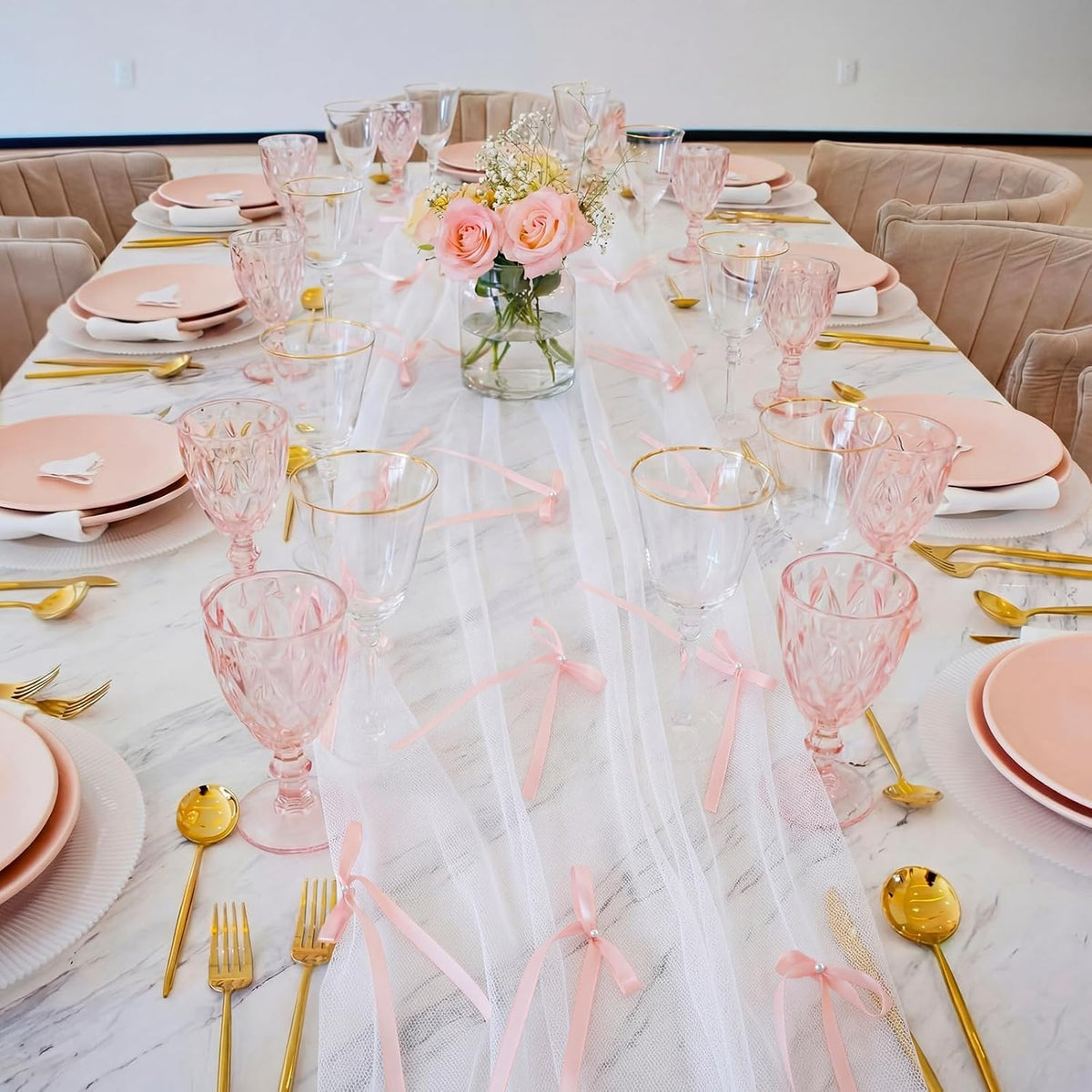 1 Pc Pink Bow Tulle Table Runner 10 ft Sheer Tablecloth Decor