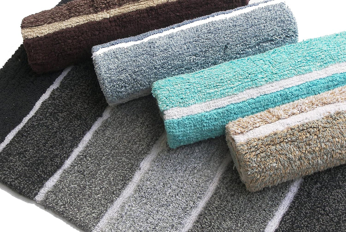 Cordural Stripes Bath Mat, Set of 2 Bath Rugs (17 Inches x24 Inches & 21 Inches x34 Inches) | Non Slip Bathroom Rug, Machine Washable, Plush, Highly Absorbent | Grey & Peach/Blush