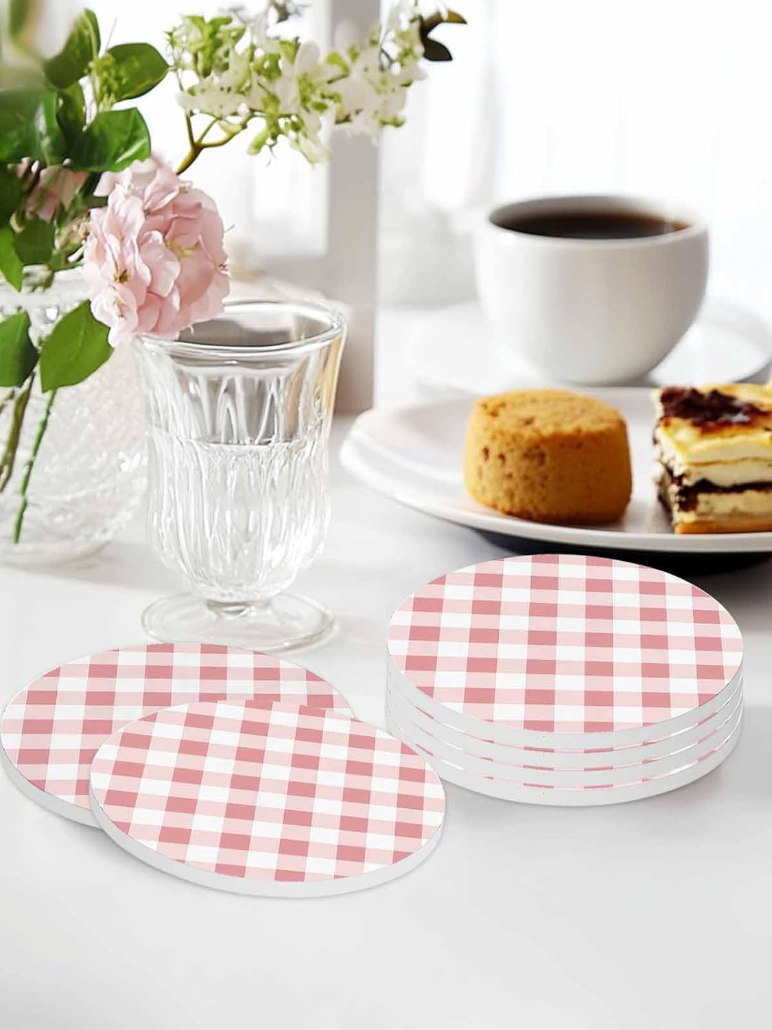 Coaster for Drinks 4 Pack,Modern Pink Plaid Checker Absorbent Round Ceramic Stone with Cork Base,Minimalist Lattice Texture Drink Coaster Cup Mats for Home Dining Coffee Tables