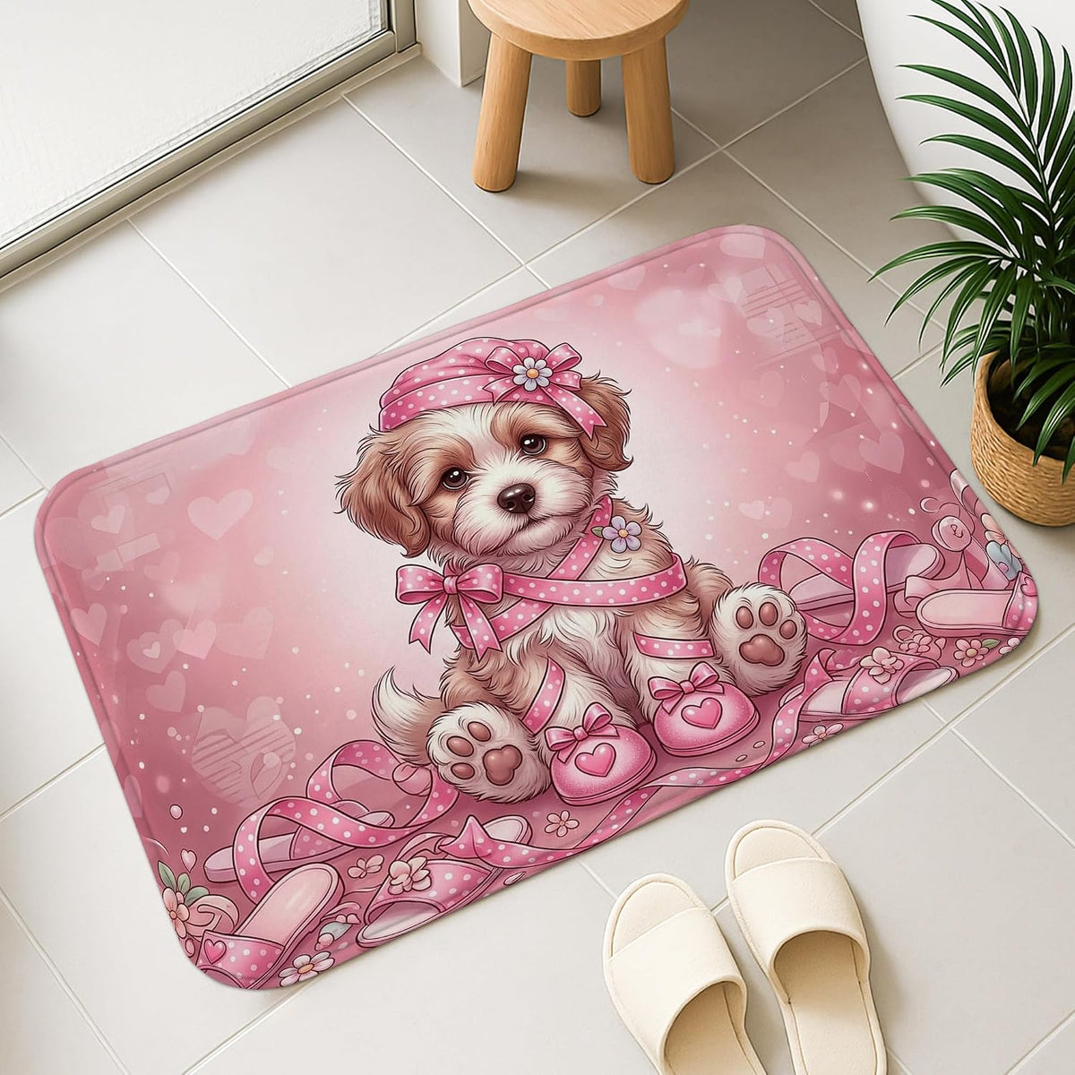 Cute Peach Hearts Quick Dry Bath Mat, Playful Animal Design Absorbent Non Slip Shower Mat, Decorative Washable Bath Rugs for Bathroom Toilet Restroom 20x32 Inch