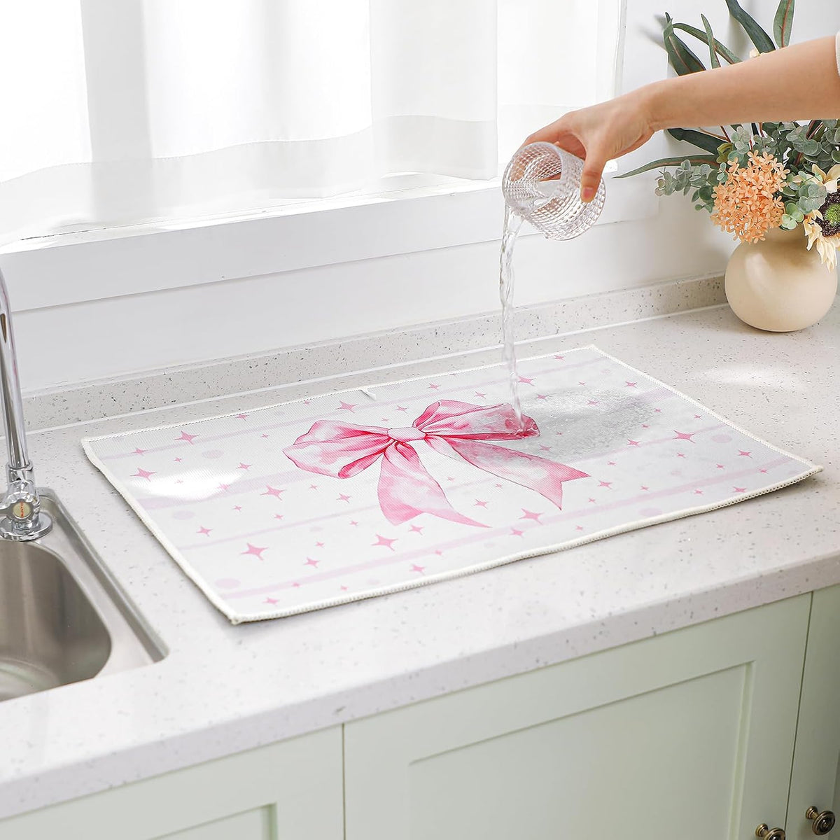 4 Pcs Pink Bow Dish Drying Mats for Kitchen 24"x 16" Aesthetic Pink Bowknot Microfiber Absorbent Washable Drainer Mat for Women Counter Home Decoration Accessories Gifts