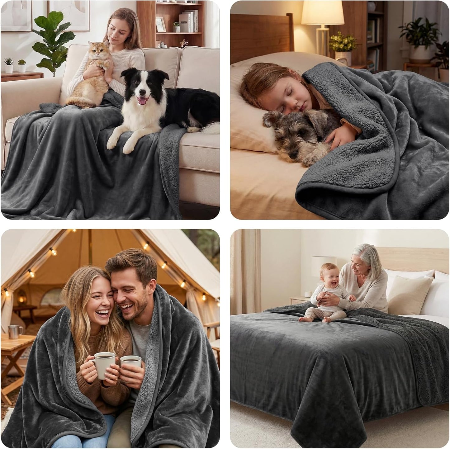 LOOBANI Waterproof Blanket for Bed Couch Sofa, 60" x 80" Reversible Flannel Sherpa Fleece Throw Blanket, Leakproof Soft Twin XL Bed Blanket, Spill-Proof Dog Cat Blanket for Travel Camping - Grey