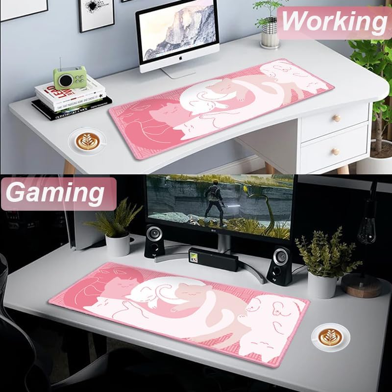 Gaming Mouse Pad XL Extended Anime Mouse Pad 31.5x11.8 inch, Large Cute Kawaii Big Computer Mouse Mat Desk Pad with Non-Slip Rubber Base and Stitched Edge for Home Office-Pink Cat
