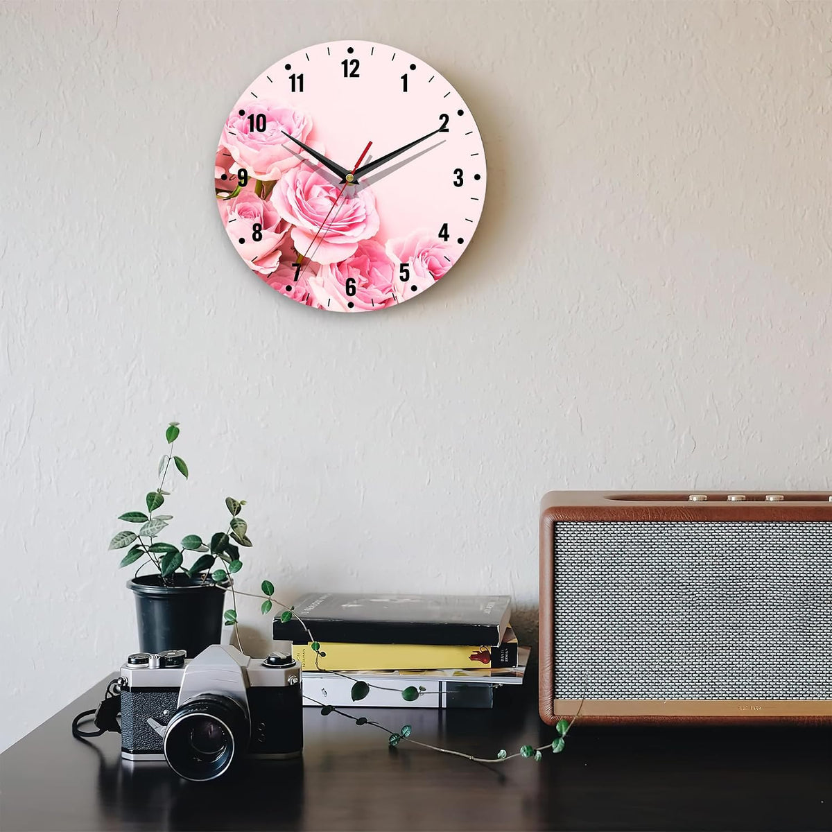 Wall Clock,Pink Roses Flowers Wall Clocks for Living Room Decor,Floral Kitchen Clocks Wall Battery Operated - 10 Inch Round Bathroom Wall Clock Silent Non-Ticking