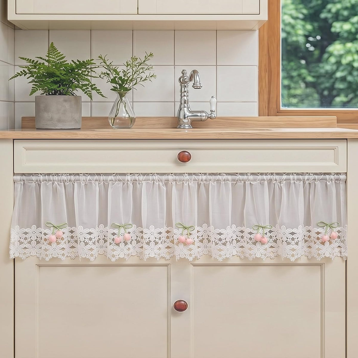 White Sheer Valance Lace Trim Pink Tulip Decor Farmhouse 52W x 18L 1 Panel