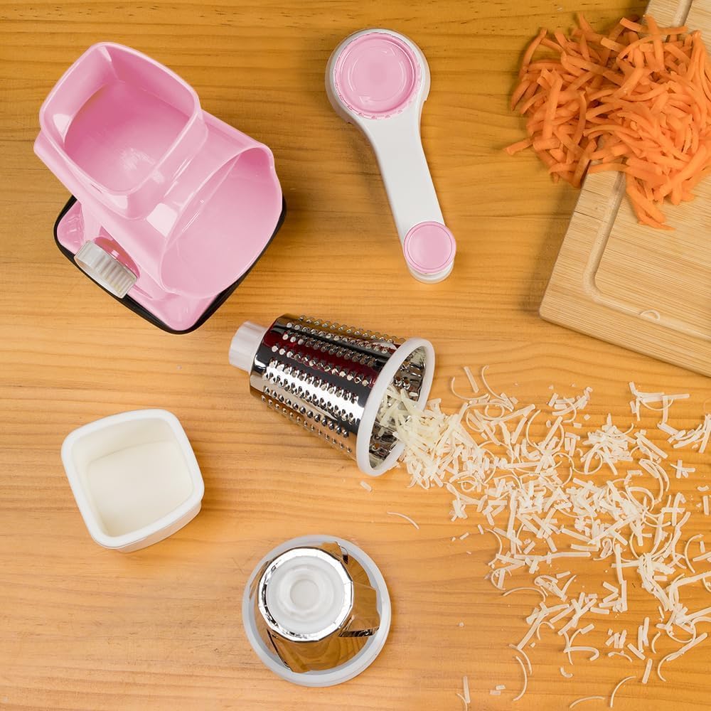 Rotary Cheese Grater Hand Crank Pink - Shredder Slicer Grinder 3 Stainless Steel Blades, Stable Suction, Labor-Saving Handle, Safe Kitchen Tool for Cheese, Vegetable, Nuts, Chocolate