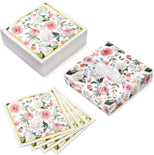 WRAPAHOLIC 50Pcs Gold Foil Floral Napkins - 3 Ply Disposable Paper Luncheon Napkin for Wedding Birthday Bridal Tableware Party Supplies - 6.5 x 6.5 In