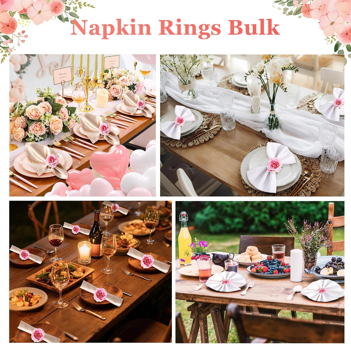 Spring Flower Napkin Rings Set of 6 - Pink Floral Napkin Holder, Easter Napkin Rings for Wedding Birthday Party Banquet Spring Table Decor