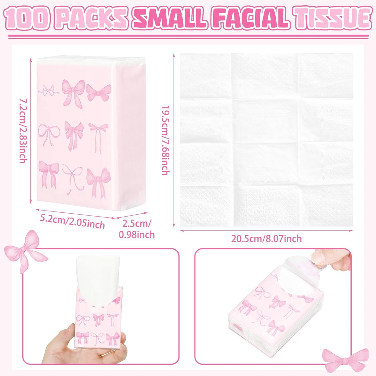 50 Pack Pink Bow Pocket Tissues Travel Packs Bulk Wedding Favor